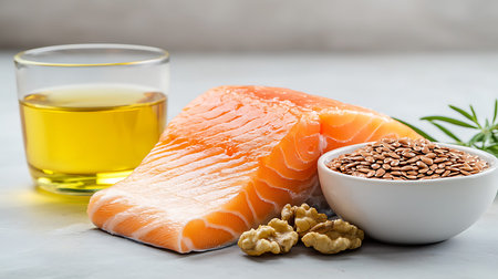 Salmon, flax seeds and oil on a white background.の写真素材