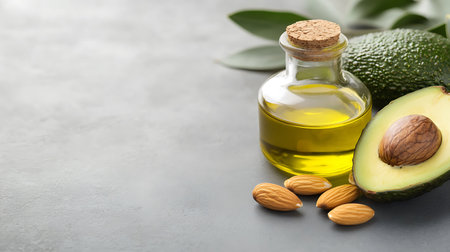 Bottle of avocado oil and ingredients on grey table. Space for textの写真素材