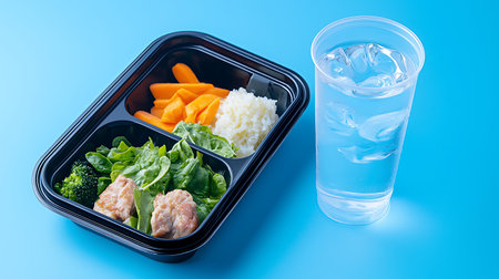 Healthy lunch box with steamed chicken, vegetables and water on blue backgroundの写真素材