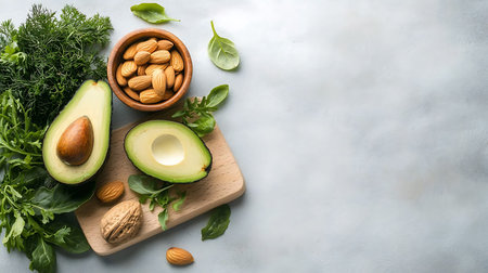 Avocado, basil, parsley and nuts on a light background. Healthy food concept.