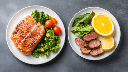 Salmon steak with salad and lemon on a white plate, top view