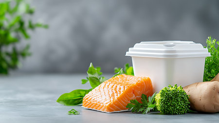 Healthy food clean eating selection: salmon, potato, parsley, dill, carrot, celery, ginger on a gray...