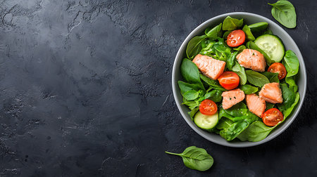 Salmon salad with tomatoes, cucumbers and spinach in a bowl on a black background. Top view, copy space.の写真素材