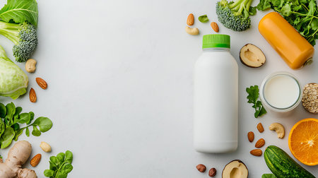 top view of bottles of dairy products, green vegetables and fruits on grey surfaceの写真素材