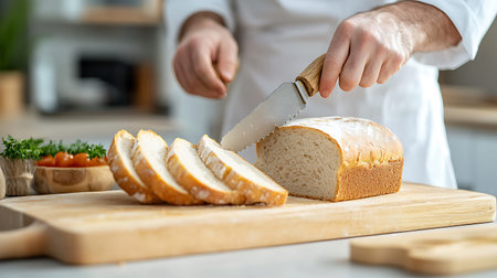Chef cutting bread with knife in the kitchen, close-up
