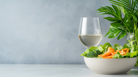 Healthy salad bowl with fresh vegetables and glass of white wine on gray backgroundの写真素材
