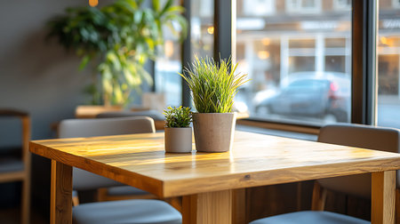Empty wooden table and chair in a coffee shop with green plants.