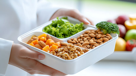 Healthy eating concept. Close-up of female hands holding containers with healthy food