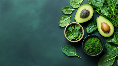 Fresh spinach leaves and avocado on green background. Top view with copy spaceの写真素材