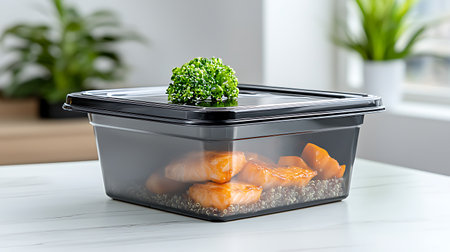 Plastic lunch box with fresh salmon on the table in the kitchenの写真素材