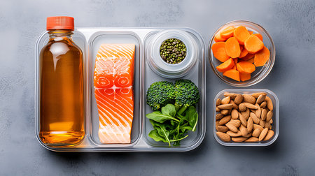 Healthy food in lunch boxes on grey background. Top view.の写真素材
