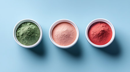 Top view of colorful powder for face and body in bowls on blue backgroundの写真素材