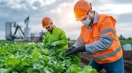 Farmer or agronomist in uniform and protective mask examining young green lettuce plants in field