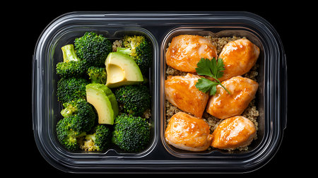 Healthy lunch box with chicken breast, broccoli and quinoa.
