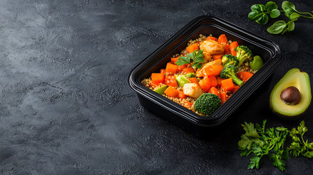 Buddha bowl with chicken, quinoa, avocado and vegetables
