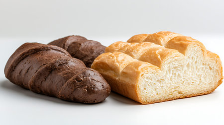 Chocolate and wheat bread on a white background, close-up
