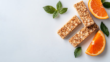 Granola bars with orange and mint on white background, top view