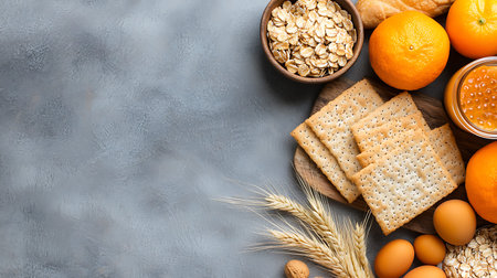 Healthy food background. Oat flakes, fruits and vegetables.
