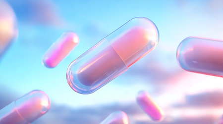 Capsules with clear blue sky background, 3d render illustrationの写真素材