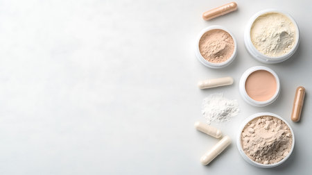 Flat lay composition with cosmetic products on light background. Space for textの写真素材