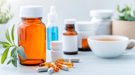 Medicine bottles and pills on the table. Alternative medicine concept.の写真素材