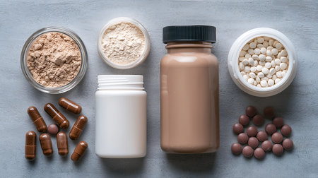 Various types of whey protein powder and pills. Top view.の写真素材