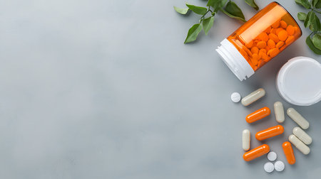 Orange pills and green leaves on gray background. Top view with copy space