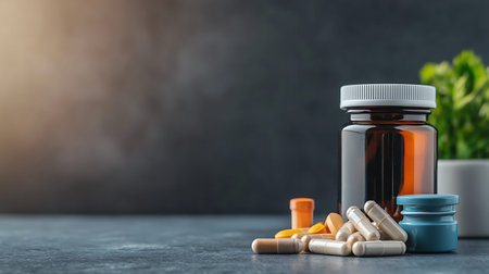Medicine bottle and pills on gray table. Copy space for text