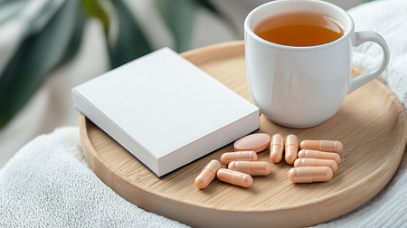 Cup of tea, blank book and pills on wooden tray.の写真素材