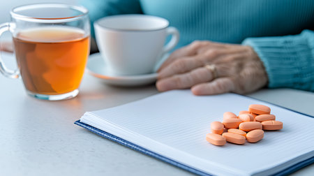 Cup of tea and book with pills on the table, close-upの写真素材