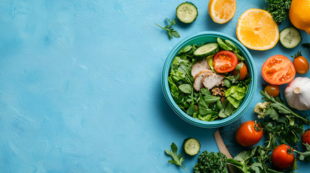 Healthy salad bowl with chicken breast, tomatoes, cucumbers, arugula and lemon on blue background. Top view, copy spaceの写真素材