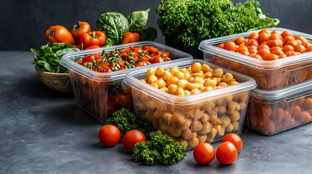 Plastic containers with different sorts of cooked chickpeas, cherry tomatoes, parsley and lettuce on...