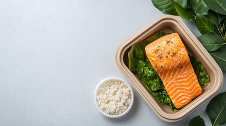 Healthy lunch box with salmon fillet and rice on light backgroundの写真素材