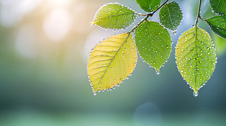 Green leaves with dew drops on blurred background. Nature background.の写真素材
