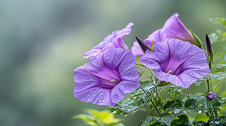 Purple morning glory flowers with raindrops on green leaves background.