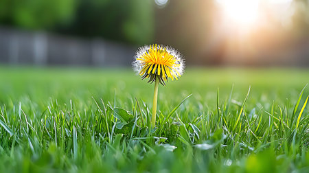 Yellow dandelion flower on green grass. Spring nature background.