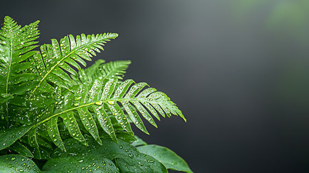Green fern leaves with water drops on black background with copy spaceの写真素材