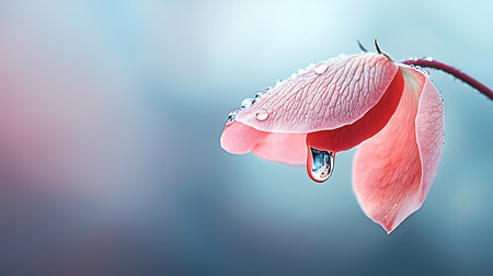 pink flower with water drops on a blue background with copy spaceの写真素材