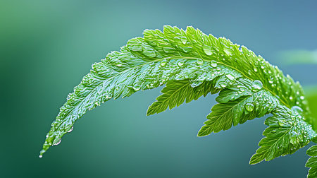 Green fern leaf with dew drops close up. Nature background