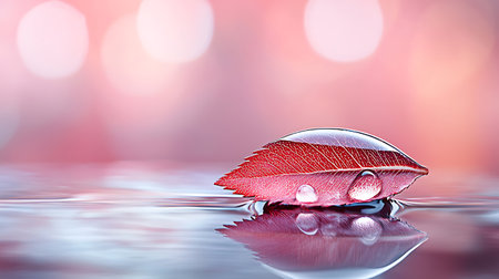 Red leaf with water drops on the water surface with bokeh backgroundの写真素材