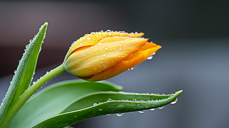Beautiful yellow tulip with dew drops on the petalsの写真素材