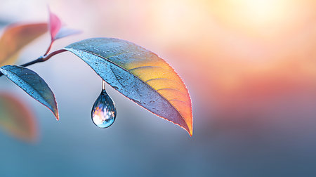 Water drop on leaf with bokeh background, nature concept.