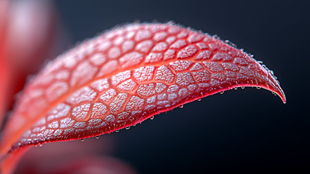 Macro closeup of a red leaf with water drops on it