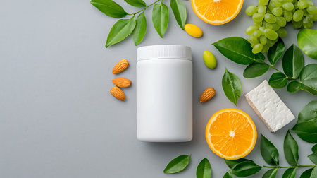 cosmetic bottle with citrus fruit and green leaves on grey background top view mockupの写真素材