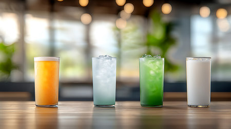 Three glasses of cold refreshing drink with ice cubes on bar counter.の写真素材