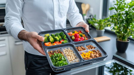 cropped view of man holding plastic container with healthy food in kitchen