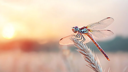 Beautiful dragonfly sitting on a blade of grass at sunset.の写真素材