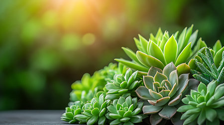 Succulent plants on wooden table with green bokeh backgroundの写真素材