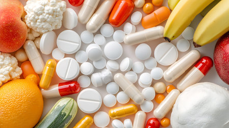 Pills, vitamins, vegetables and fruits as background, top view