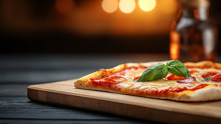 Pizza on cutting board on black wooden table, closeup viewの写真素材